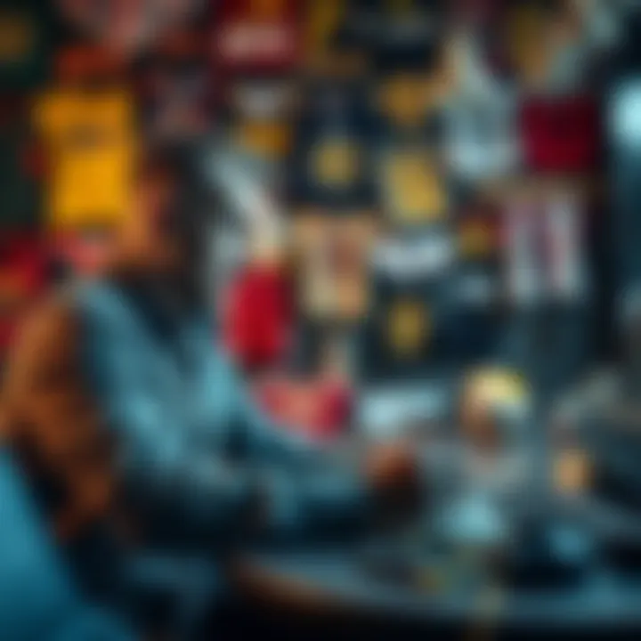 A person analyzing UFC betting odds on a laptop with sports memorabilia in the background.