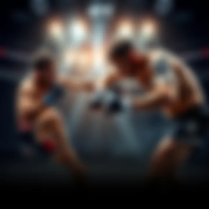 Two UFC fighters in the octagon, one attempting a takedown while the other defends, showcasing intense action