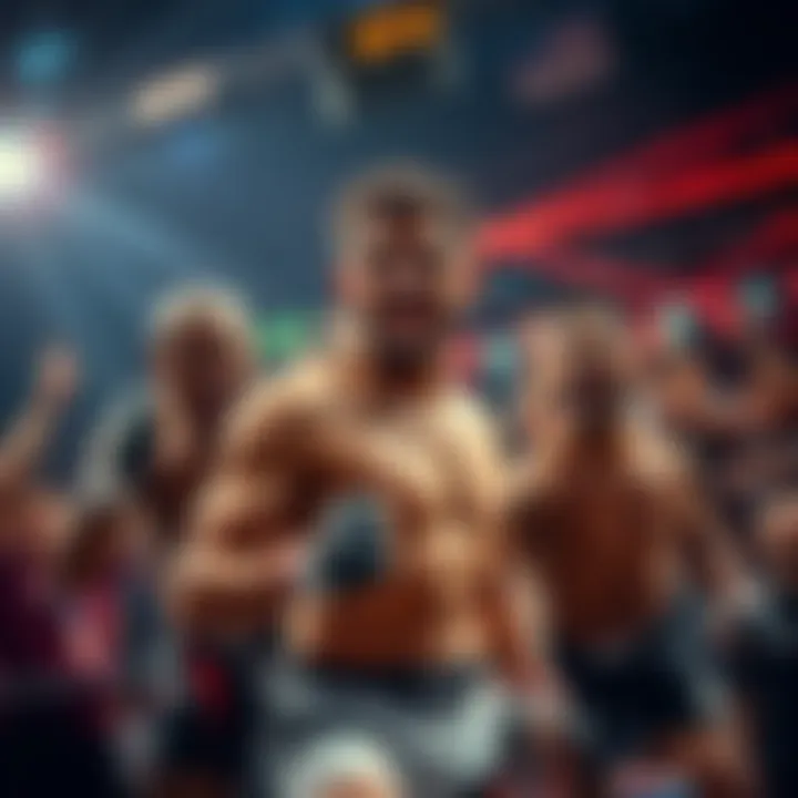Exciting UFC fighters in action, showcasing their determination during matches, embodying the spirit of underdogs, with fans cheering in the background.