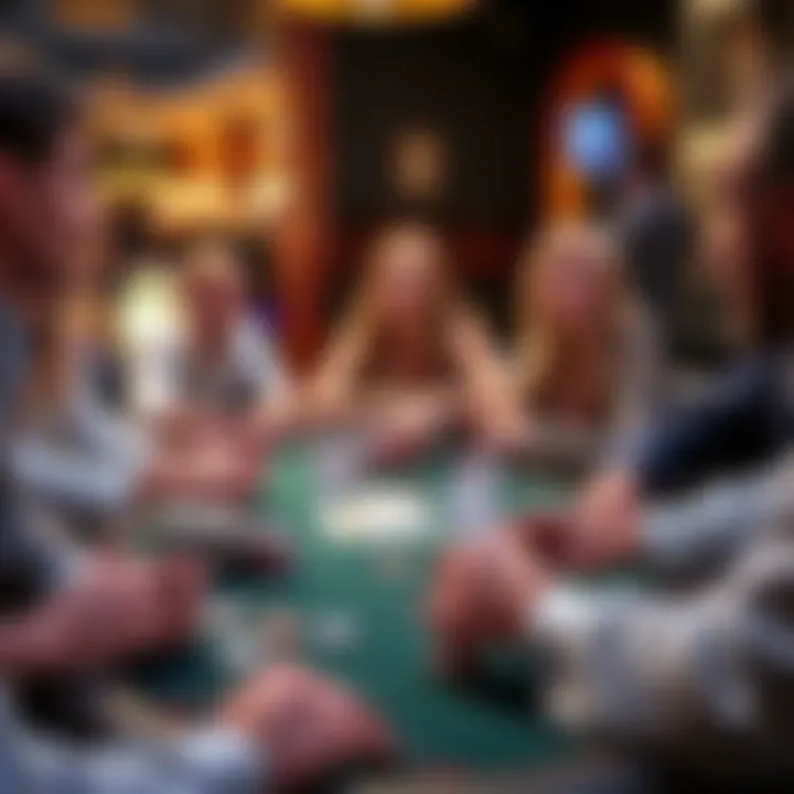 A group of people at a poker table enjoying a game of Ultimate Texas Hold Em, with chips and cards spread out.