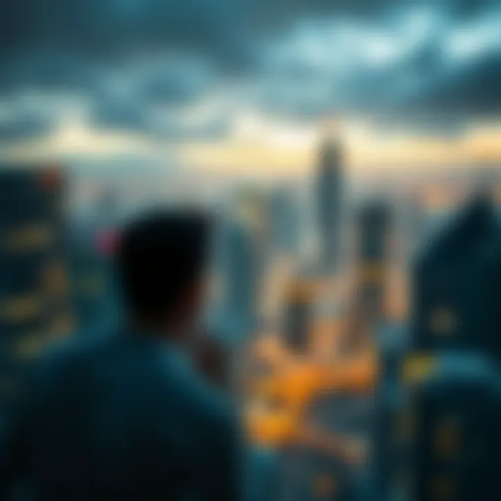A person looking at a futuristic city skyline, thinking about new strategies for success in a competitive environment.