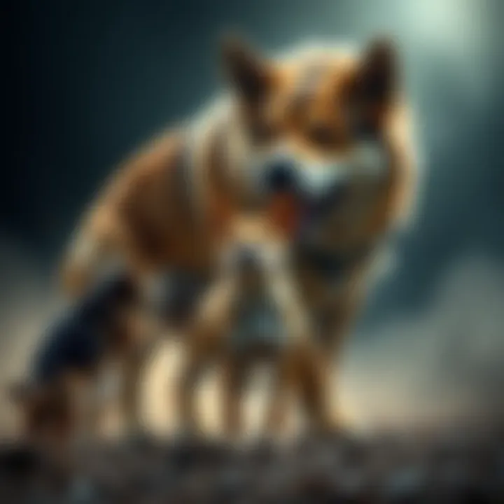 A determined underdog, a small dog standing tall in front of a larger, intimidating dog, symbolizing courage and resilience.