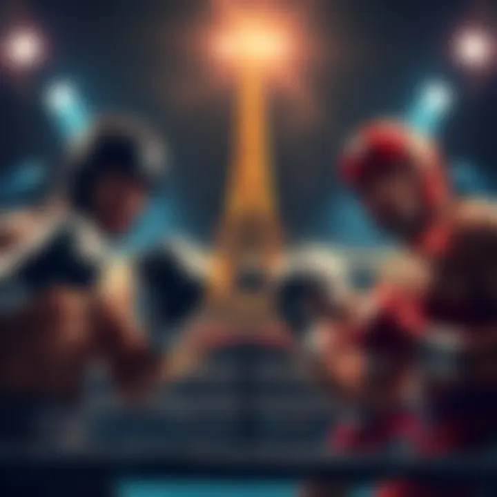 Four fighters representing the underdog teams in a boxing ring, showcasing their determination and readiness for the upcoming matches in Paris.