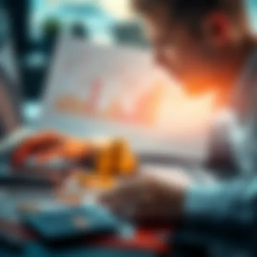 A person analyzing financial charts with coins and calculators on the desk
