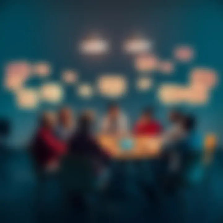 A group of diverse people discussing ideas around a table, with speech bubbles showing different words and symbols. The scene illustrates how communication shapes understanding.