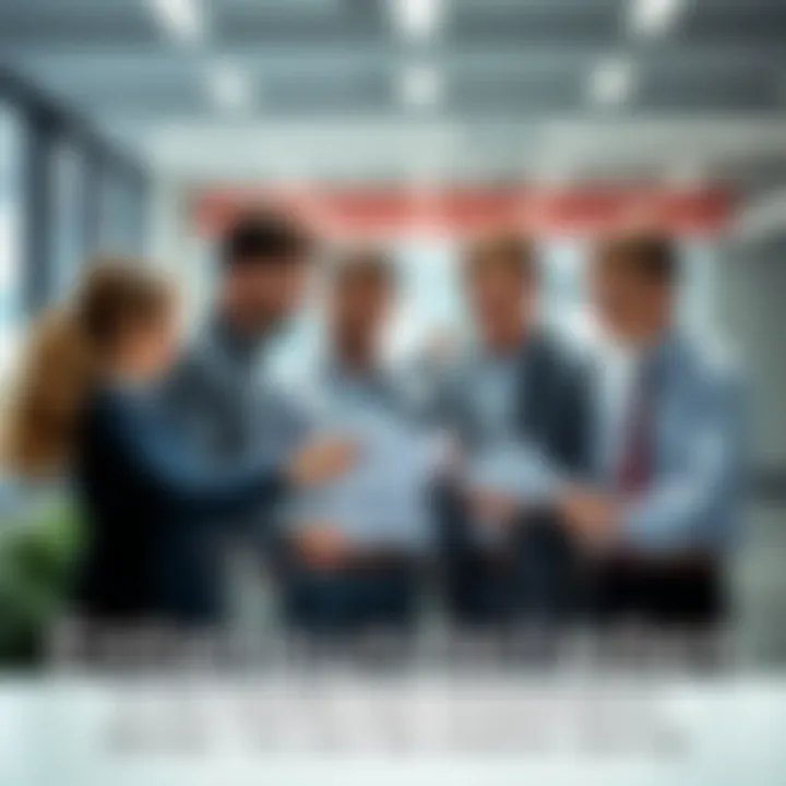 A group of workers discussing their rights and compensation related documents in an office setting.