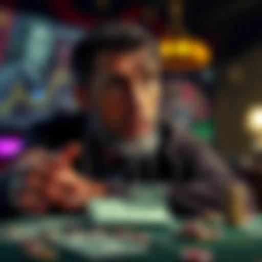 A reflective scene showing a former gambler deep in thought, symbolizing the struggles and emotions tied to gambling addiction, with images of lost money and gaming elements in the background.