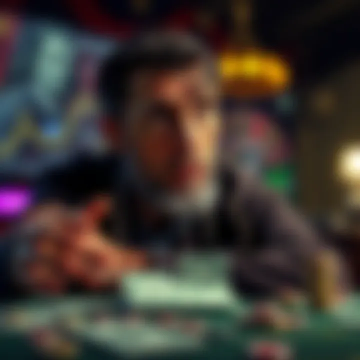 A reflective scene showing a former gambler deep in thought, symbolizing the struggles and emotions tied to gambling addiction, with images of lost money and gaming elements in the background.