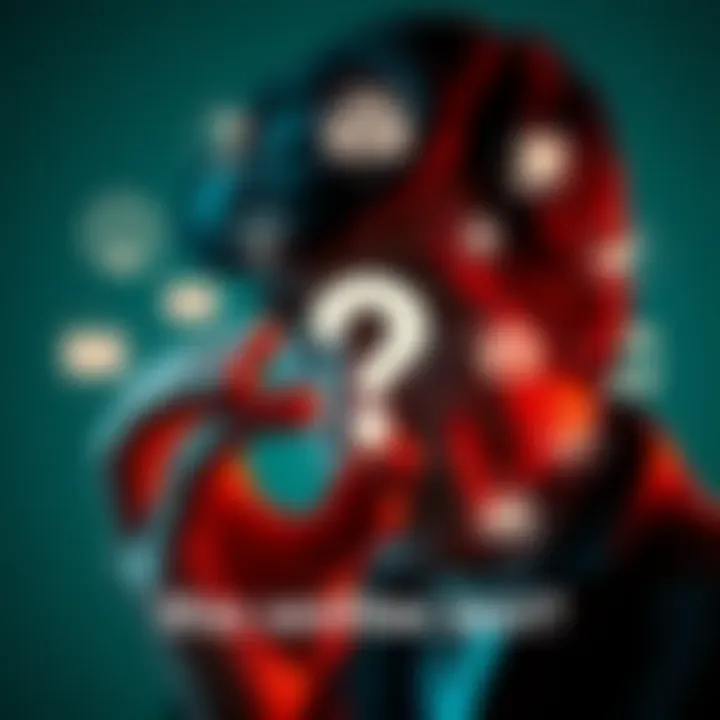 A person examining a question mark with various icons representing different topics around it.