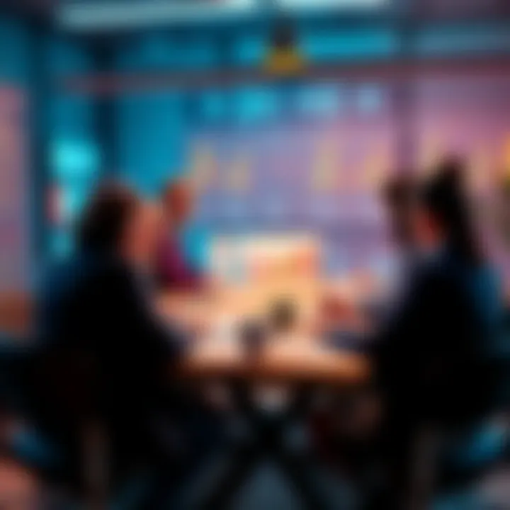 A group of people discussing the impact of multiscores on donations with charts and graphs on a table.