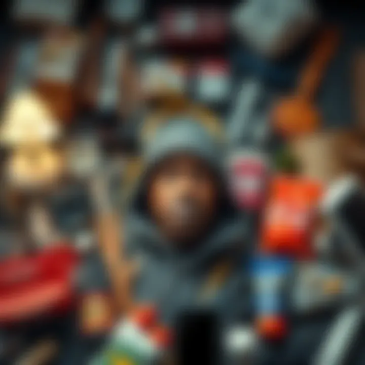 A person surrounded by everyday items representing modern needs, showcasing essentials like food, shelter, and technology.