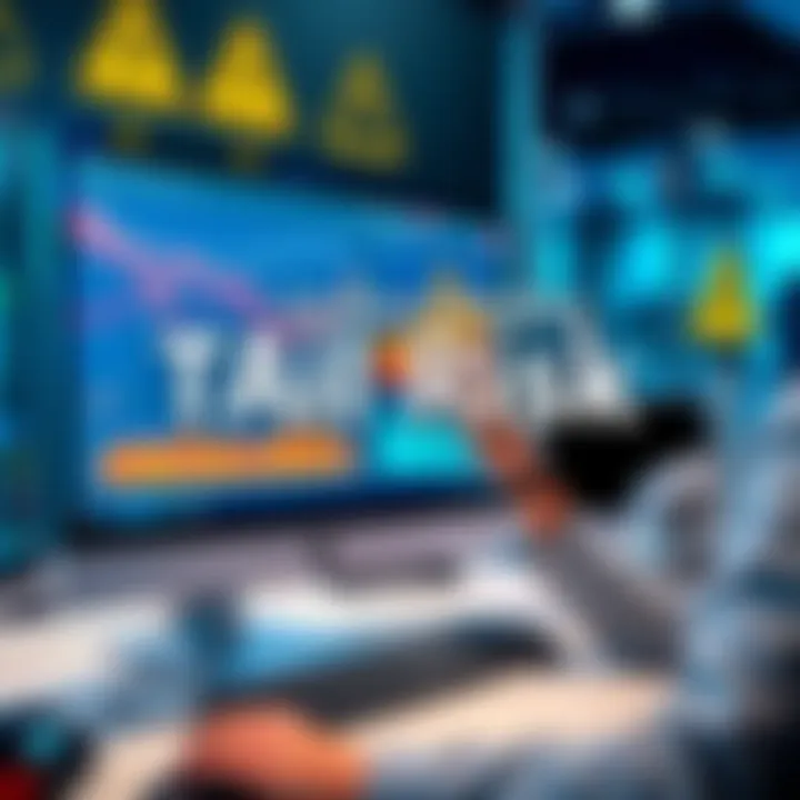 A person analyzing data related to tail risks on a computer screen, with caution signs in the background.