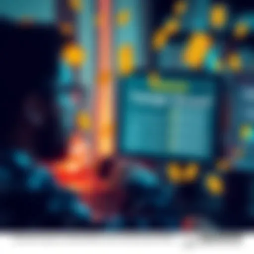 A person looking at a computer screen with questions about bonuses, surrounded by dollar signs and notes.