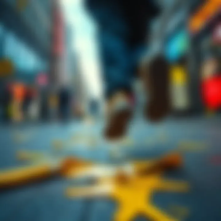 A person trips over a banana peel in a busy street, illustrating the surprise of small mistakes leading to big consequences.