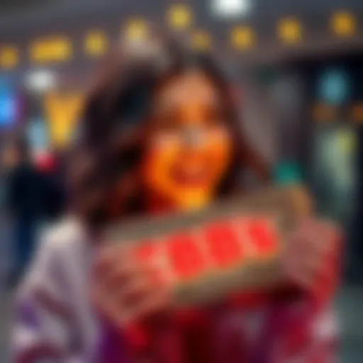 A person smiling while holding a prize from BB's, expressing joy and surprise.