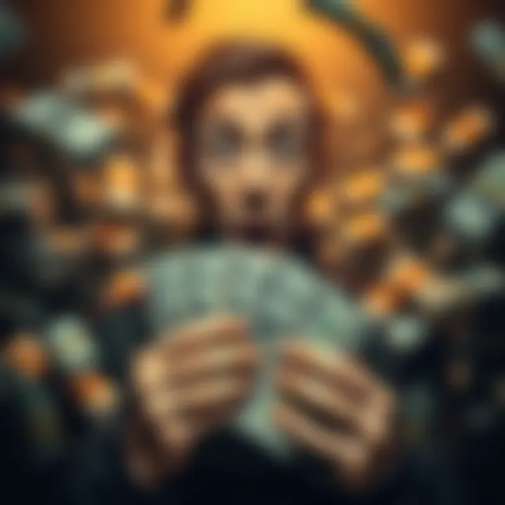 A person holding cash with a surprised expression, indicating a larger than expected payout, surrounded by dollar bills.