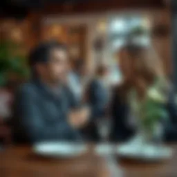 A chance meeting between two people in a cozy café, sharing surprised expressions and engaging in conversation.