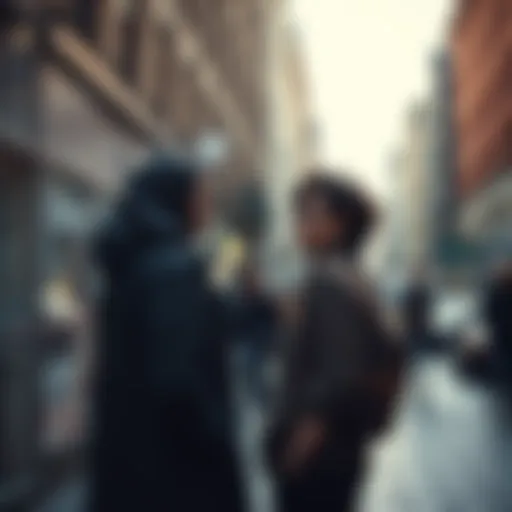 A person meeting a stranger on a city street, both looking surprised.
