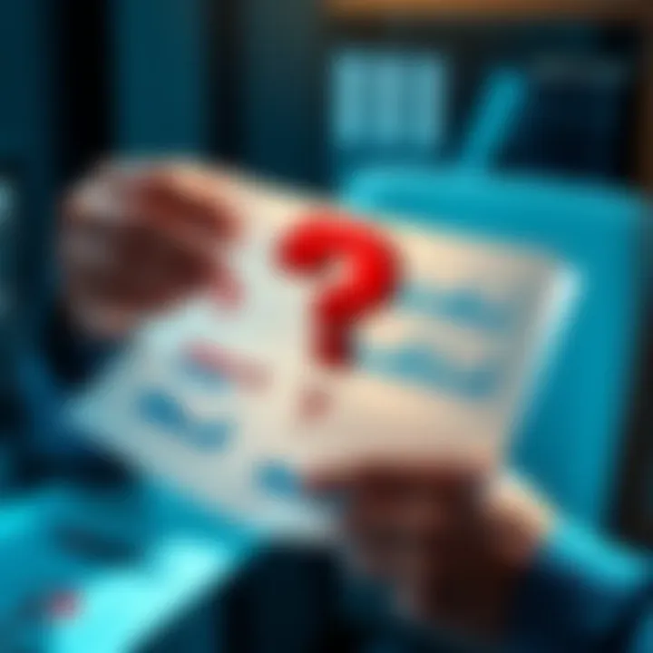 A person examining a document with question marks and charts, highlighting uncertainty in a claim.