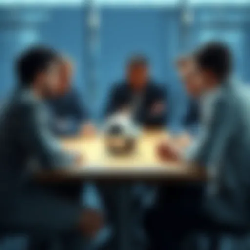 A group of people debating around a table with a soccer ball in the center, discussing the offer from an unknown player.
