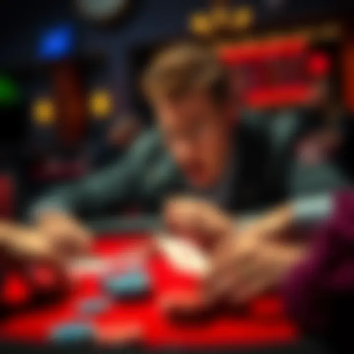 A player at a poker table with a shocked expression as they lose a hand dramatically, surrounded by chips and cards