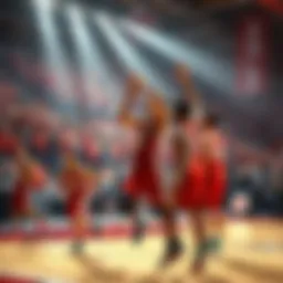UNLV basketball players celebrating their comeback victory on the court, with fans cheering in the background.