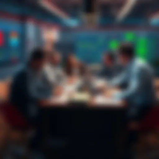 A group of people discussing unique betting and trading methods around a table with charts and notes.