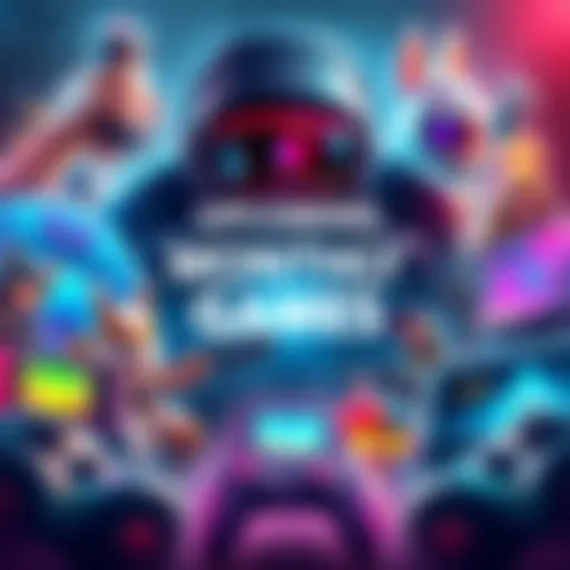 A colorful graphic showcasing various gaming elements and characters in anticipation of upcoming monthly games.