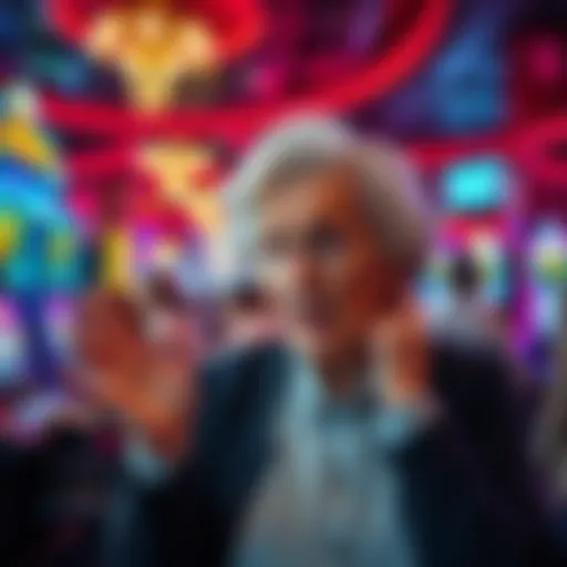 An elderly woman expresses her disappointment in a casino during a busy event, with slot machines and a crowd in the background.