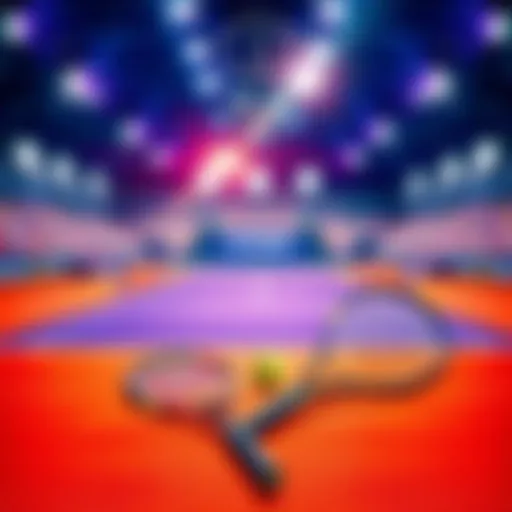 Graphic showing tennis court with vibrant colors and tennis rackets, promoting the US Open 2026 on August 26