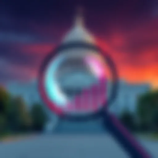 Illustration of a government building with a magnifying glass focused on a stock market chart, symbolizing scrutiny of prediction markets like Kalshi.