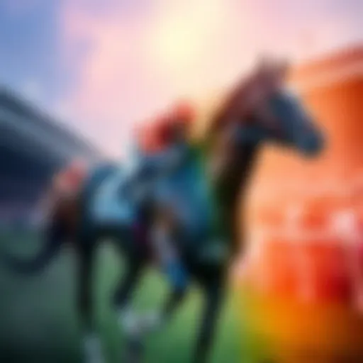 Racehorse Sovereignty competing in a race, with a crowd cheering in the background, symbolizing the pursuit of the Triple Crown title.