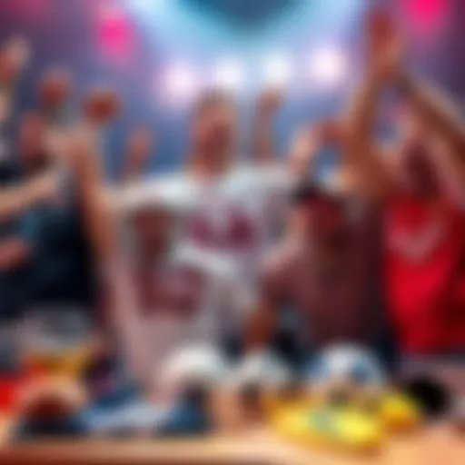 A group of excited US sports fans cheering and celebrating after winning sports betting bonuses, with sports paraphernalia around them.