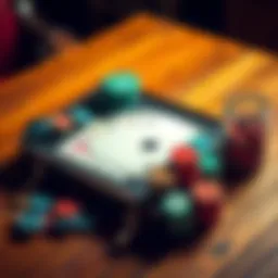 A secondhand poker set displayed on a wooden table, showing cards and chips in good condition.