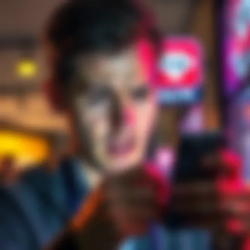 User frustrated with app issues A person looking annoyed while using a mobile app on their phone, with a frustrated expression and a background showing the app logo.