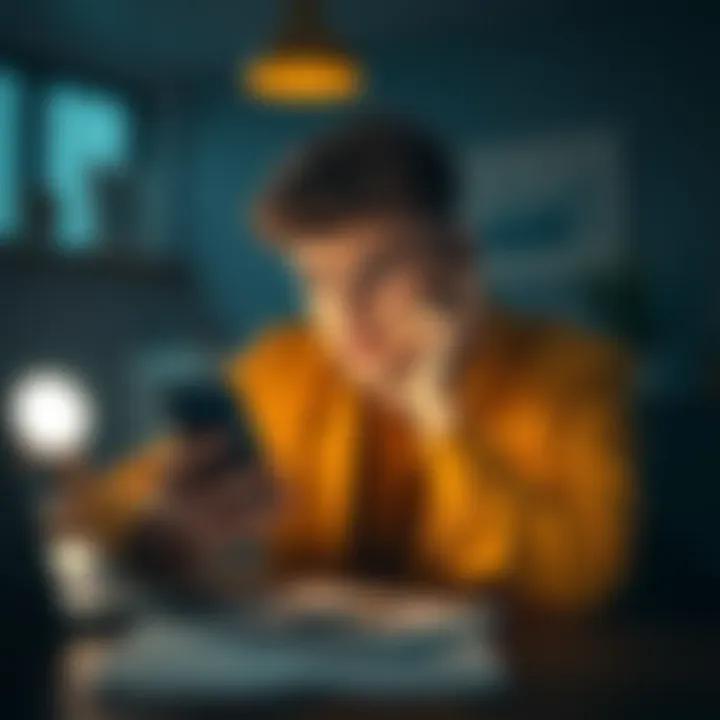 A person looking at their phone with a confused expression, indicating frustration over verification problems, surrounded by notes and a laptop