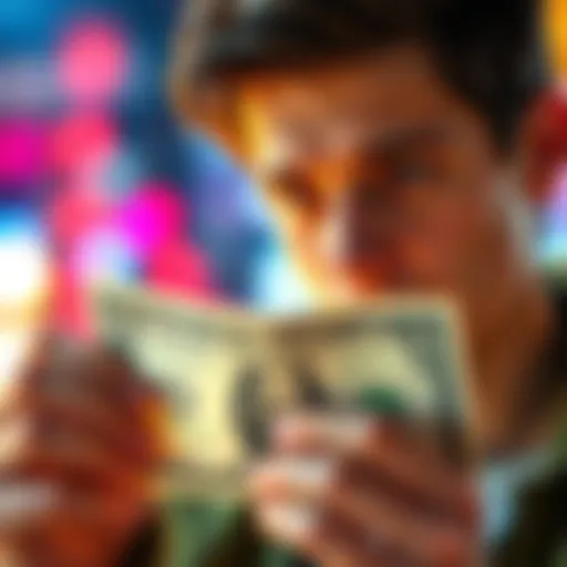 A person looks at a dollar bill with a thoughtful expression, considering financial choices
