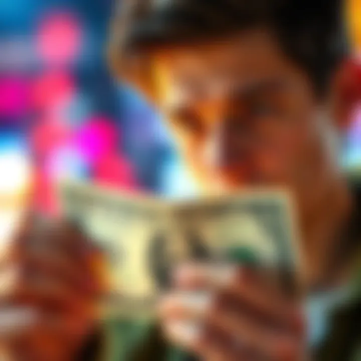 A person looks at a dollar bill with a thoughtful expression, considering financial choices