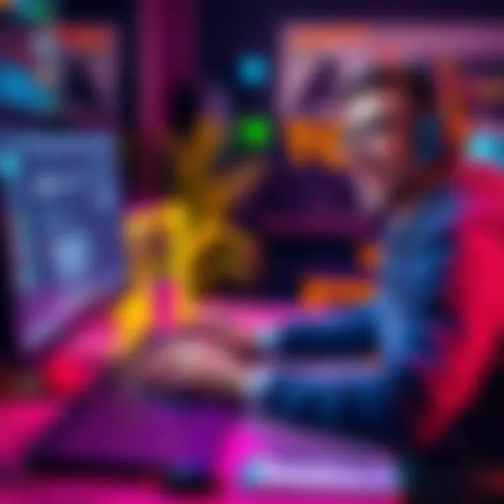 User influencing customer support A person sitting at a computer, typing with excitement, showing a chat window with customer support, celebrating a successful monthly update release.