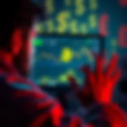 A distressed person looking at their screen with a cryptocurrency exchange open, with dollar signs in the background