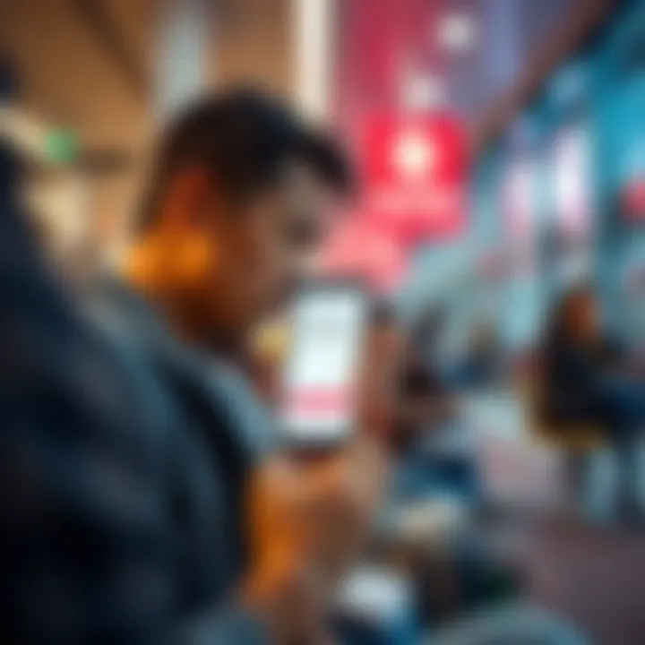 A frustrated person looks at their phone, showing a payment app with an error message while sitting in a public place, symbolizing difficulties in cashing out in different states.