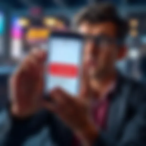 A frustrated person holding a phone, showing a message about delayed withdrawals from Parimatch, with a concerned expression.