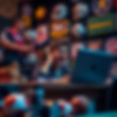 A person excitedly reviewing sports betting options with a laptop, focusing on a $10 bonus fund, surrounded by sports memorabilia.