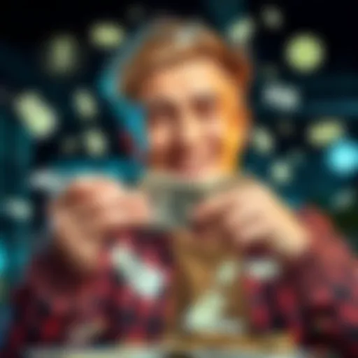 A person happily counting cash, with creative ideas and tips around them, showing how to use free money effectively.