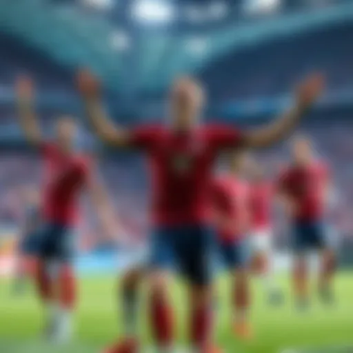 Players from the USMNT celebrating during a match with a World Cup theme
