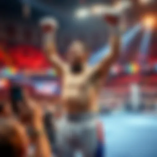Usyk raises his arms in triumph after winning the match, surrounded by excited fans and a bustling crowd in the boxing arena