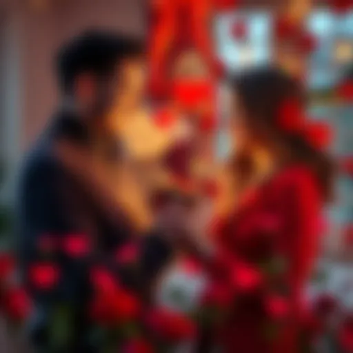 Couple celebrating Valentine's Day A man presenting a gift to his girlfriend on Valentine's Day, surrounded by romantic decorations