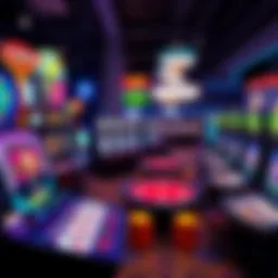 A colorful display of various casino games including slot machines and poker tables