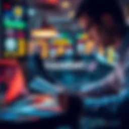 A person analyzing online gambling site with financial documents and laptop