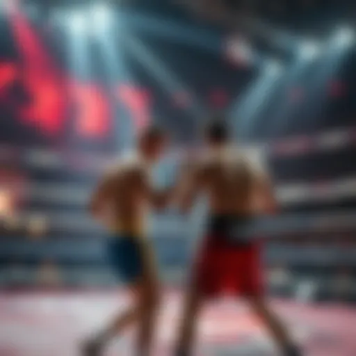 A vibrant scene showcasing lesser-known fighters in an intense match at a Vegas arena, highlighting the excitement of upcoming bouts.